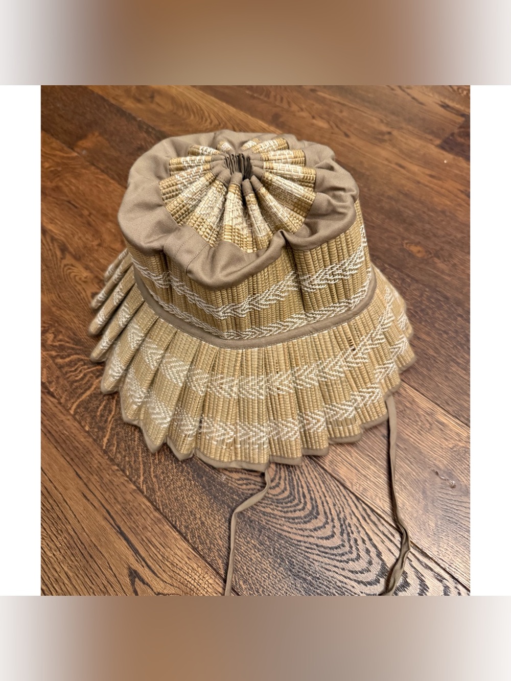 Women's Tan Straw Pleated Sun Hat with Decorative Stitching